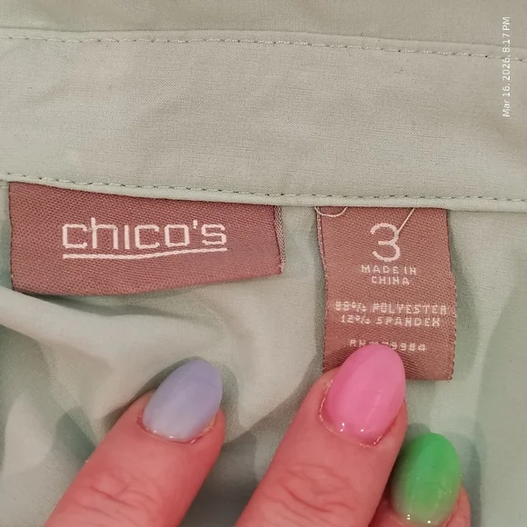 CHICOS WOMEN SZ 3 MINT GREEN BUTTON DOWN CASUAL STRETCH CAREER PERFORMANCE US XL - Picture 3 of 5